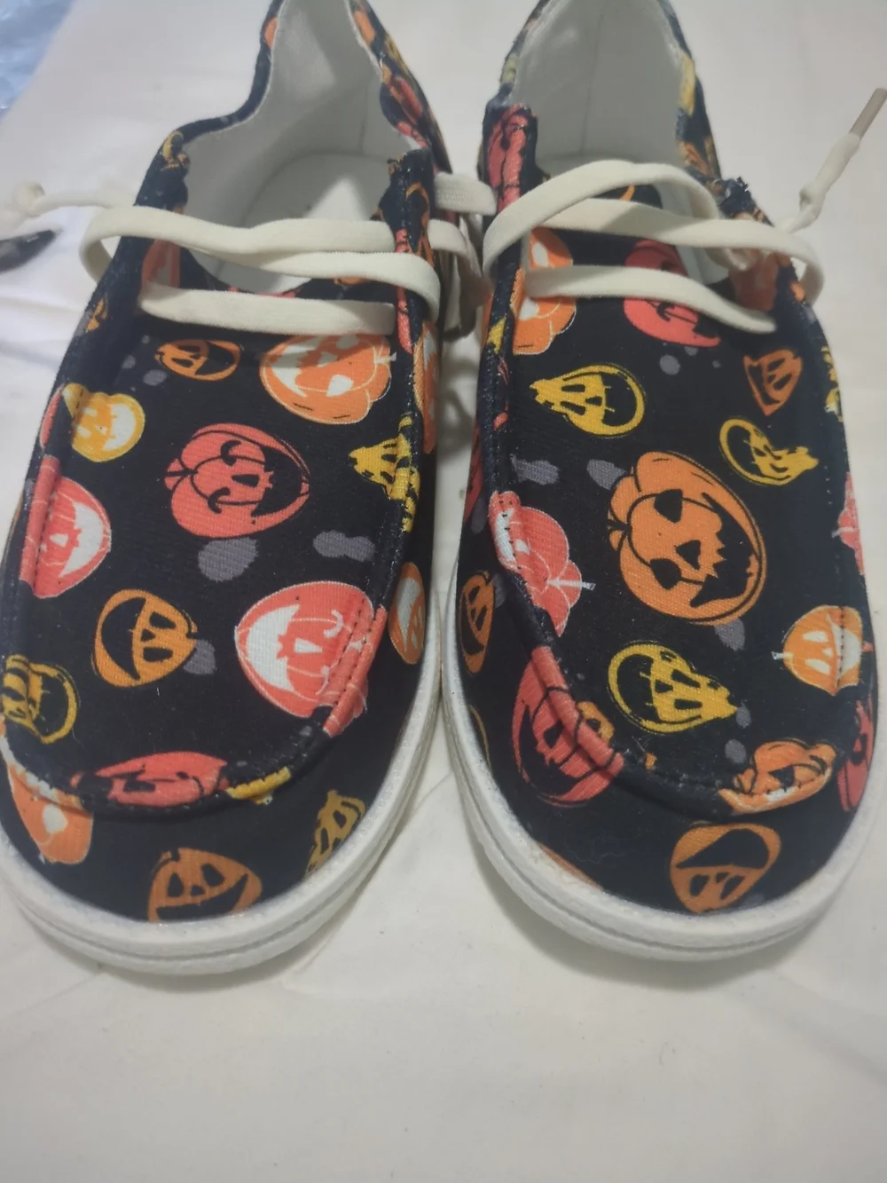 Ladies Black Halloween Pumpkin Print Slip-On Shoes